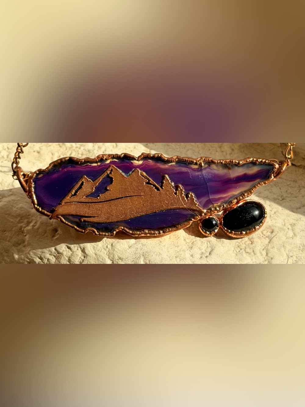 Copper electroplated mountain scene on purple agate slab w/obsidian necklace